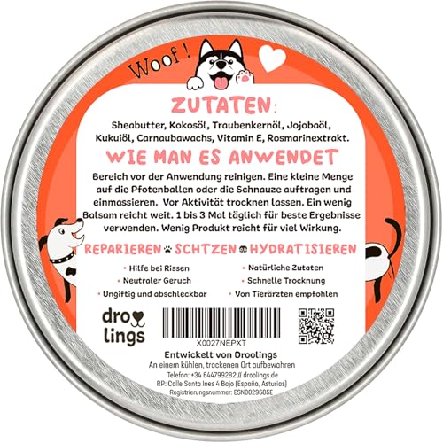 Droolings Pfotenbalsam Hund und Katzen 100% Natürlicher Balsam für Nase und Pfotenpflege 60 ml