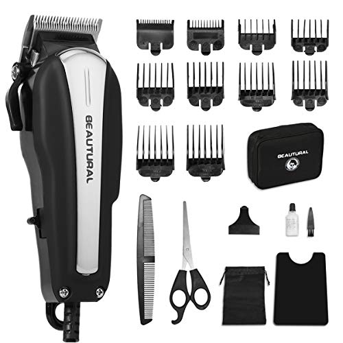 Beautural 20-Piece High Performance Haircutting Kit, Hair Trimmers, Clippers with Powerful and Durable Motor and Finest Precision Blades, Secure Guide Combs, Scissors, Barber Cape, Storage Case