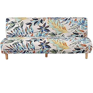 WOMACO Printed Futon Cover Stretch Sofa Bed Slipcovers Full Twin Queen Size Armless Couch Loveseat Protector Covers with Elastic Bottom for Living Room Bedroom Furniture (Rain Leaves, 63″-75″)