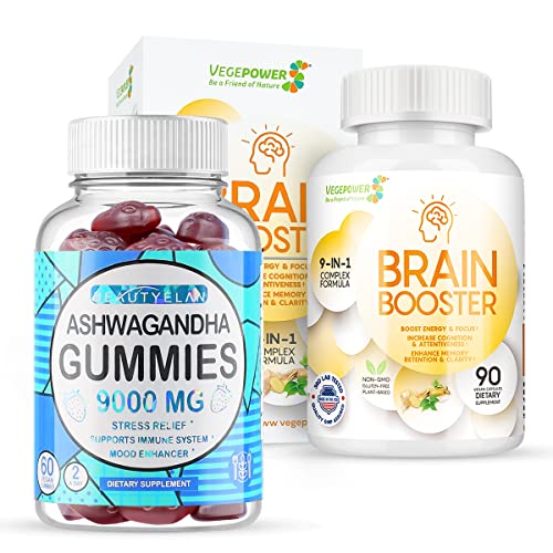 Ashwagandha Gummies + Brain Booster Capsules | Ashawanga Root Extract Supplement for Stress Relief & Calm Mood Support | Brain Booster Supplement for Focus, Memory, Clarity, Energy
