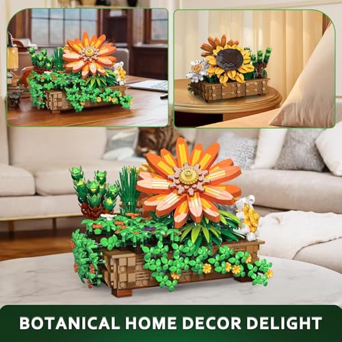 Image of 2-in-1 Flower Botanical Bonsai Building Set - Creative Botanical Collection for Home & Office Decor | Unique DIY Gift for Adults & Kids | Sunflower, Chrysanthemum, Ivy & Succulents | 818+ PCS