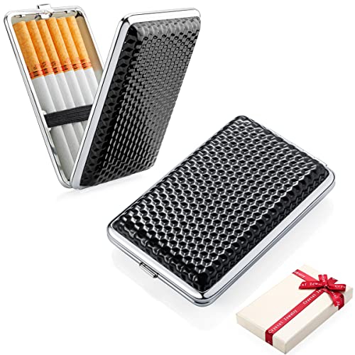 2 stuks PU lederen sigarettendoosje kleine mannen zwarte sigarettenetui dames, metalen sigarettenetui voor vrouw man sigarettendoosje zwart sigarettendoosje metaal voor 14 sigaretten met geschenkdoos