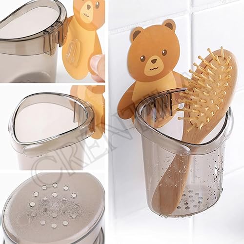 Image of Pack of 1 Toothbrush Holder Plastic Stand for Toothpaste, Comb, Brush, Cream,Razor Holder Lotion Kids Bathroom Cup Drain Waterproof Sturdy Self Adhesive,Teddy Bear - AB3655