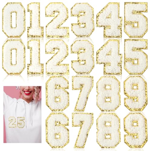 Molain 20 Pcs Patches Number Chenille for Clothing, Self Adhesive Embroidery 0-9 Number Patches with Glitter Sequins 2.2 Inch Iron On Numbers Patches for Team Uniform Sports T-Shirt Jeans Bags Decos