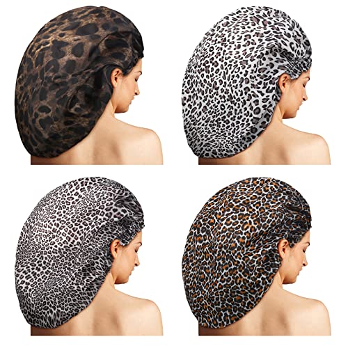 4 Pieces Jumbo Shower Caps Extra Large Shower Caps Long Dreadlock Caps Huge Braid Bonnets Waterproof Big Bath Hats Oversize Bath Caps for Women Girls (Red, Pink, Black, Green,Leopard Pattern)