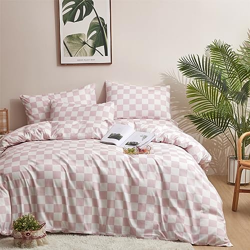 Image of KAREVER Pink Grid Comforter Full Pink Plaid Bedding Set Girls Pink White Checkered Bed Comforter Set Breathable Blanket Set Kids Durable Bedding Comforter Set