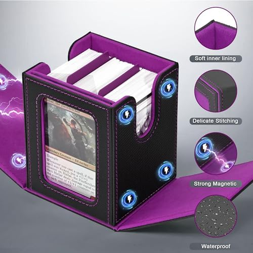 ZLCA MTG Deck Box with Commander Window Display, Trading Card Storage Box Holds 100 Double-Sleeved Cards Suitable for TCG/CCG/PTCG/EDH/Magic/Sport Cards (Black&Purple) - 5