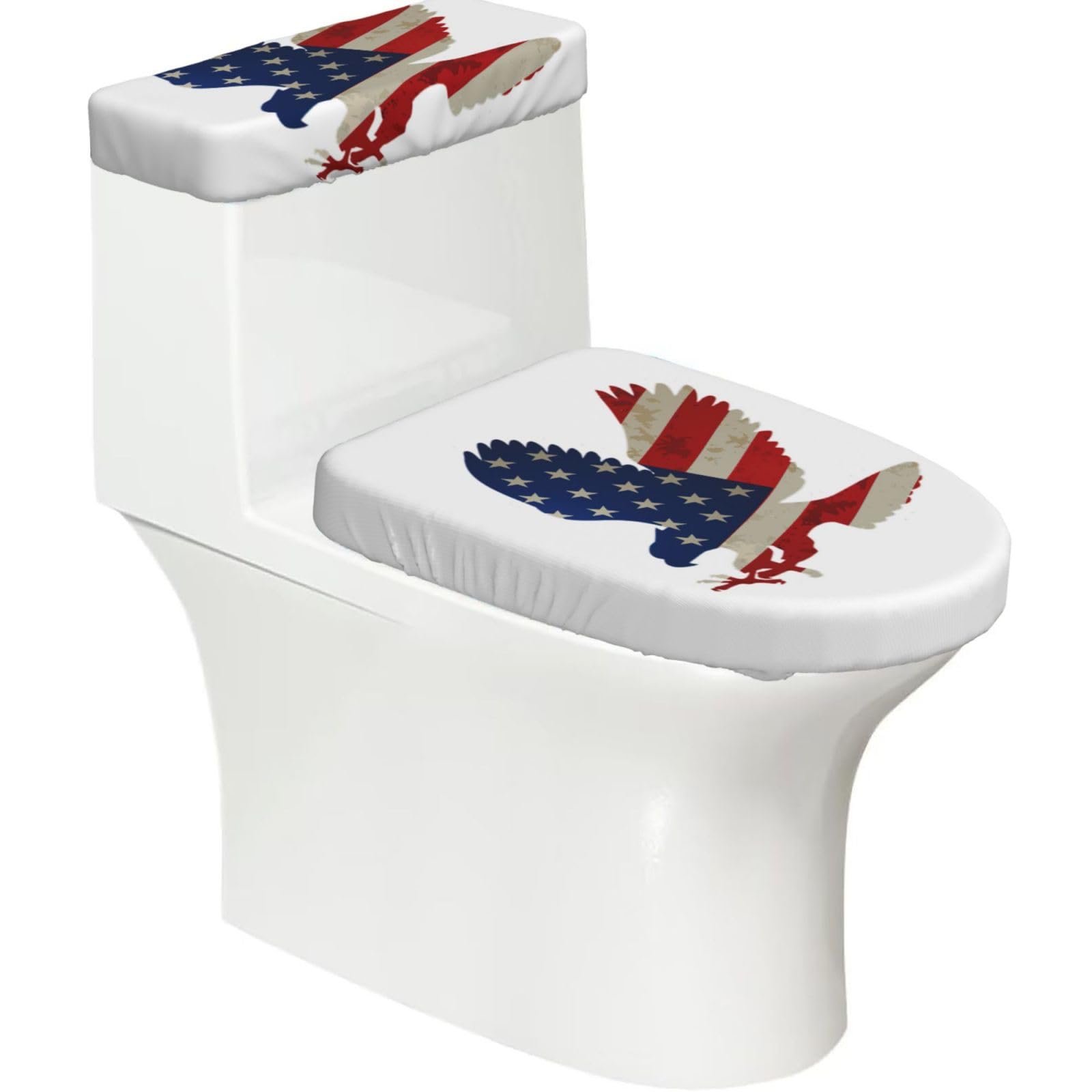 American Eagle And Flag Print Stretch Toilet Covers Set, Polyester Covers Replacement For Fits Most Size Lids Bathroom Decor