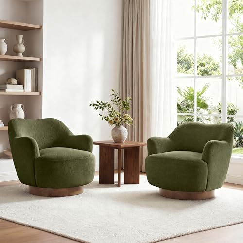 Swivel Accent Chair Set of 2 Upholstered Barrel Chair with Curves Camel Back Design Modern Arm Chair with Wooden Base for Living Room Bedroom Reading Waitingroom Green