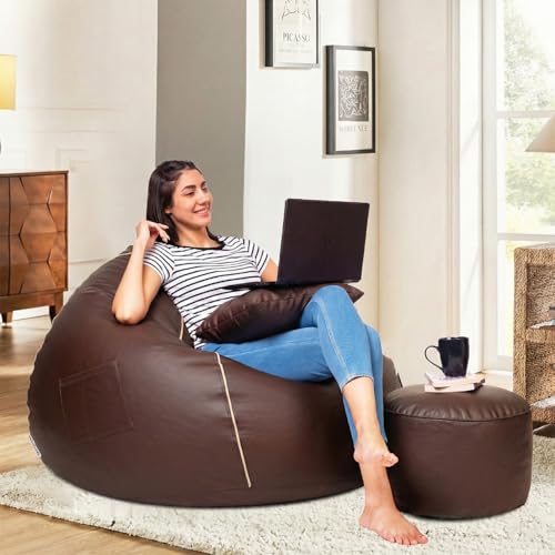 Image of Amazon Brand - Solimo 6XL Faux Leather Bean Bag with Footstool & Cushion Combo for Living Room | Bean Bag Filled with Beans | Capacity Upto 6'9 inch Height & 135 Kg Weight | (Brown with Beige Piping)