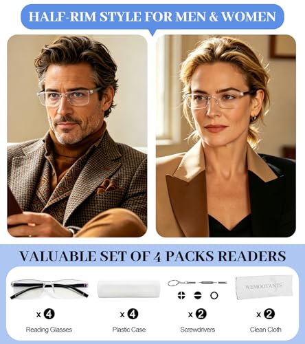 Image of 4 Packs Clear Reading Glasses 1.0 for Men Women Multipack Blue Light Blocking Semi-rim Readers 1.00 1.25 1.50 1.75 2.00 2.25 2.50 2.75 3.00 3.5 4.00