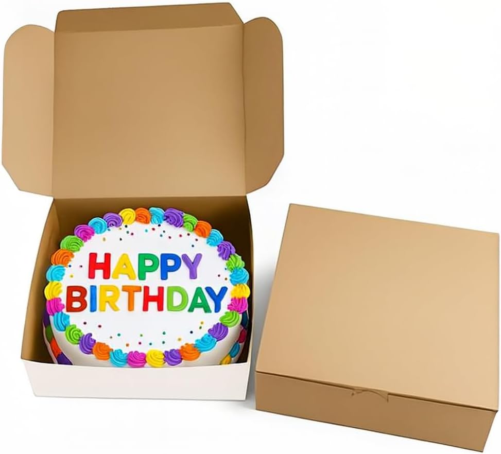 Reversible Bakery Boxes 10 x 10 x 3 in, No Window Lock Corner Pie and Cake Boxes with Front Tuck Lock & Side Clips, Kraft or White Exterior, Microwavable, 100 Pack