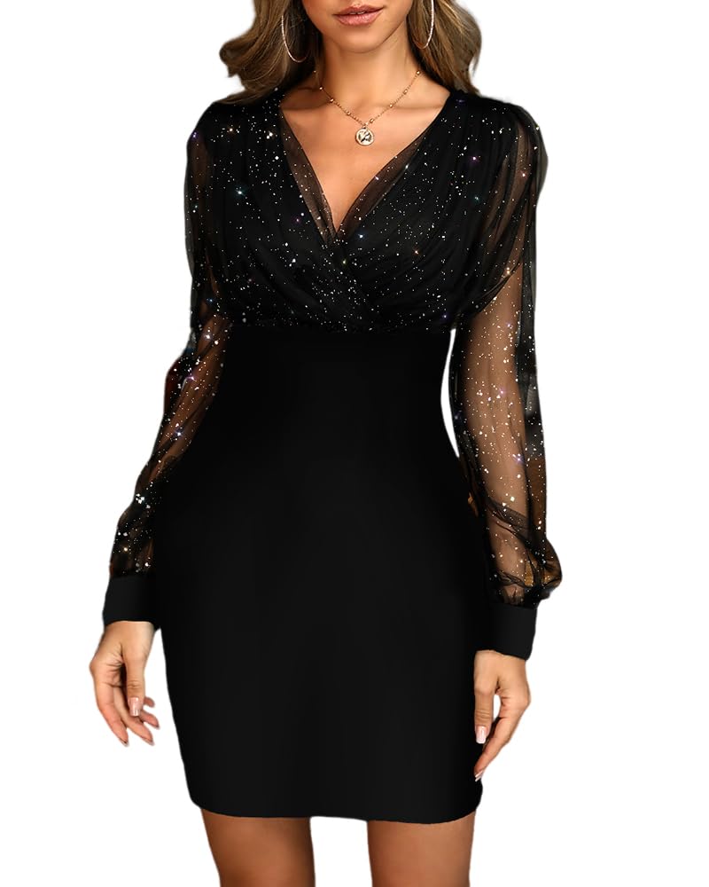 CHICME Womens Glitter Party Dress V-Neck Mesh Sheer Lantern Sleeve Mini Dresses Zipper Back Slim Fit Evening Dress