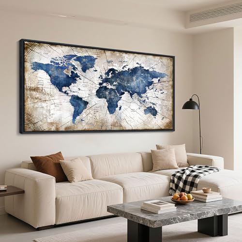 Image of World Map Canvas Wall Art Navy World Maps for Wall Vintage Modern Wall Art for Office Framed Pictures for Living Room Bedroom Wall Decoration for Home Office Decor Artwork for Walls 29x58IN