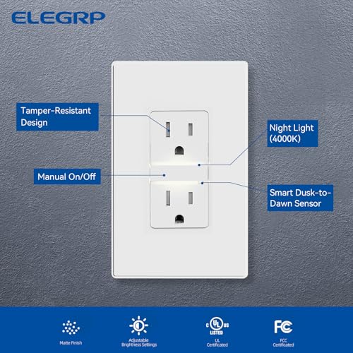 Image of ELEGRP Decorative Outlet Night Light, Electrical Wall Outlets with Built in Led Guidelight 4000K, Tamper Resistant Receptacle, 15 Amp 125 Volt, Plate Cover Included, Matte White, 2 Pack