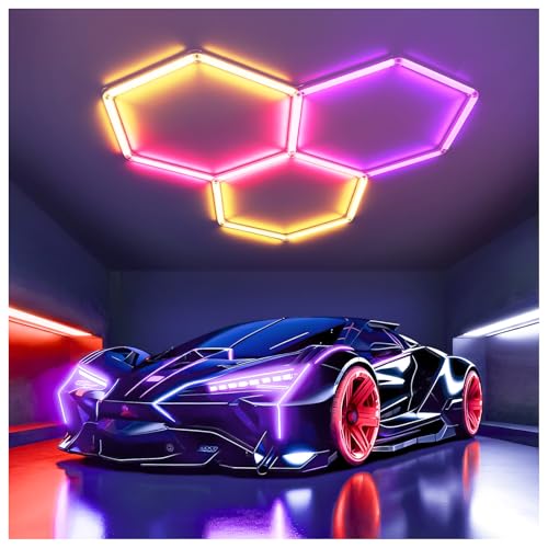 Iluminación LED RGB Hexagonal de 144W, superbrillante Regulable conectable para Garaje Techo con Control Remoto/aplicaciónsalas de Juegos, Fiestas y gimnasios, Salón de Belleza de automóviles (3 Hex)