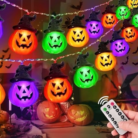 Windpnn Upgraded Battery Operated Halloween Pumpkin Lights, 30 LED, 8 Modes, Waterproof, Indoor Outdoor Use(Orange & Purple & Green Red) Cover