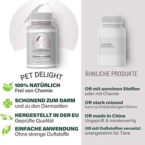 Pet Delight Juckreiz Leckerlis - Hochdosiert Vitamin Leckerli bei Hautproblemen von Haustiere, DIE Nahrungsergänzung zur Hautpflege für Katze, Hund - Anti Milben, Läuse, Flöhe, Floh - Presslinge 15g