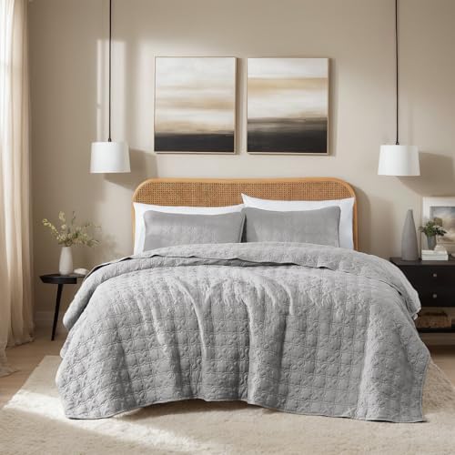 Grey King Size Quilt Bedding Sets with Pillow Sham, Summer Lightweight Soft Bedspread Coverlet, Farmhouse Country Textured Quilted Blanket Thin Comforter Bed Cover, 3 Pieces, 104x90 inches