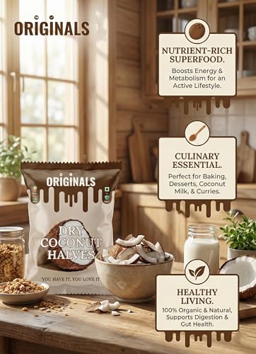 Image of ORIGINALS Premium Dry Coconut Halves (आधा नारियल) 900g Natural Sun-Dried Fresh Fibre-Rich & Aromatic Suitable for Desserts chutneys and Sweets