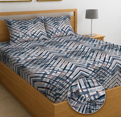 Image of Cotton Fitted Bedsheet King Size Bed with 2 Pillow Covers | All Around Elastic | 220 TC | Wrinkle Free & Breathable | Deep Pocket Fits Mattress Upto 10 Inches | Bed Cover- Blue Grey Zigzag