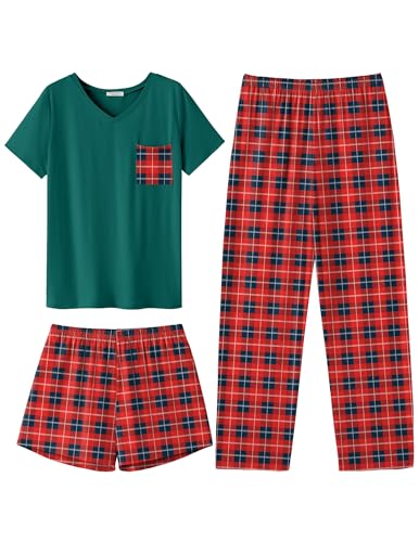 Ekouaer Women's 3 Piece Pajama Set Short Sleeve Sleepwear Pj Set Top and Shorts Pants Pjs with Pockets, Red Green Plaid, S