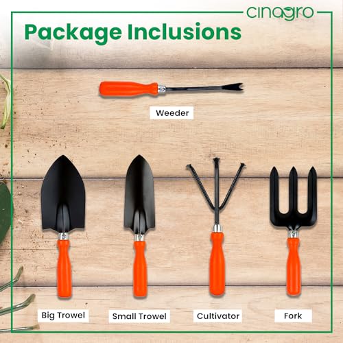 Image of Cinagro Garden Tools Kit (Set of 5) Weeder, Big and Small Trowel, Hand Fork, Cultivator | Gardening Tools Kit For Home Garden, Indoor Outdoor Gardening for Plants & Soil, Plant Tool Kit, Farming Tools