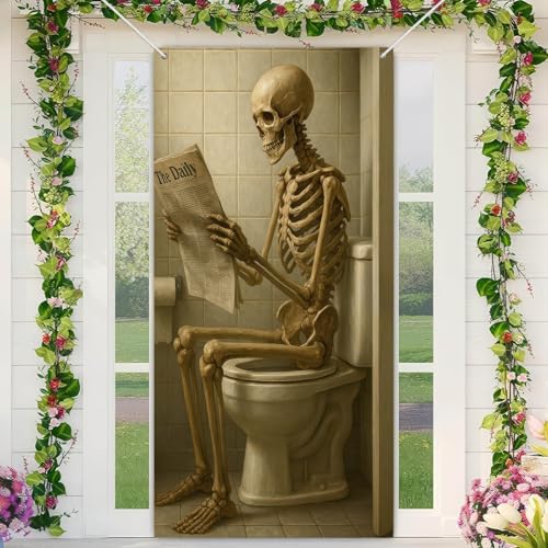 51X3Grc++oL BlissYard Funny Skeleton Door Cover Halloween Decorations Outdoor 35 x 71 Inch Bathroom Door Banner Toilet Scene Decoration for Haunted House Party Scary Indoor