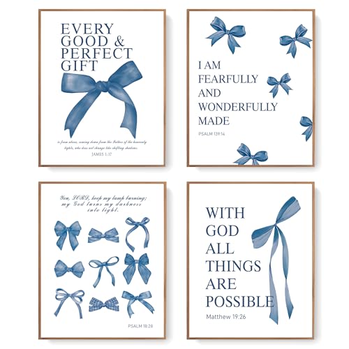 Image of LARTSFRO Coquette Navy Blue Bow Wall Art Decor Posters, Navy Blue Bow Room Bedroom Bathroom Dorm Wall Art Decor Aesthetic for Teen Girls Gifts, Inspirational Bible Verses Bow Wall Decor, 10x8 Inch Set of 4 Pcs Bow Pictures (UNFRAMED)