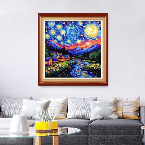 Image of Foxhool Stamped Cross Stitch Kits,11CT Printed Cross Stitch Pattern Full Embroidery Kits for Beginner Needlepoint Kits&Van Gogh's Starry Sky Scenery 18x18 inch