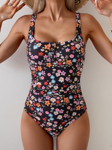 Image of B2prity One Piece Swimsuit for Women Tummy Control Ruched Slimming Bathing Suit Button Full Coverage Swimwear