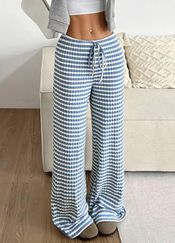 Image of Women's Casual Checkered Pants Drawstring Elastic Waist Comfy Loose Straight Wide Leg Plaid Pants with Pockets