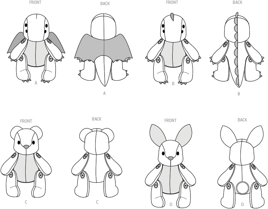 Simplicity SS9441OS Lovable Jointed Dragon, Dinosaur, Bear and Bunny Animal Sewing Pattern Packet, Design Code S9441, 13" Tall