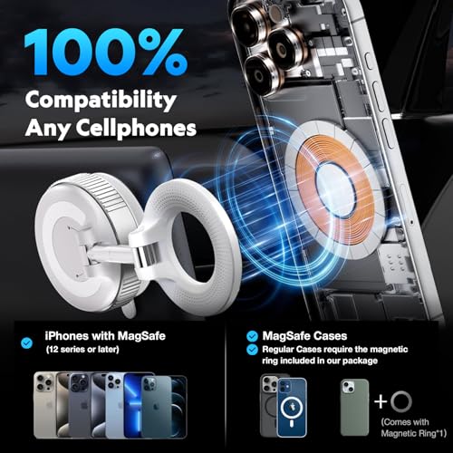 Image of (1 Year Warranty) Magnetic Vacuum Phone Holder, 360 Rotation & Powerful Suction Secure Mount for Car, Gym, Bathroom & Flat Surfaces,Universal Support for All Smartphones- White
