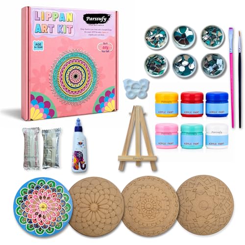 Image of Parssufy Lippan Art DIY Kit for Wall Decoration - 3 Pre-Marked 8 Inch MDF Boards with Acrylic Paints, Clay, Craft Mirrors, Brushes & Easel | Traditional Mud Art Kit for Kids & Adults