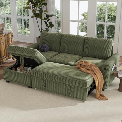 Image of Hanherry 81 inch Sectional Couch with Pull Out Bed,3 Seat Corduroy Sleeper Sofa with Storage Ottoman & USB Charging,Comfy L Shaped Modular Couches for Living Room,Apartment