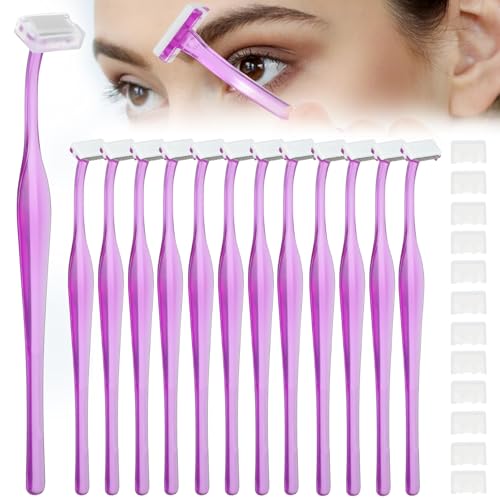 Thinp 12 Pcs Eyebrow Razor,Eyebrow Trimmer Razors for Women Makeup Eyebrow Razor for Women T Shape Shaver for Eye Brow Stainless Steel Mini Razor with Cover Mini Portable Eyebrow Shaver(Purple)
