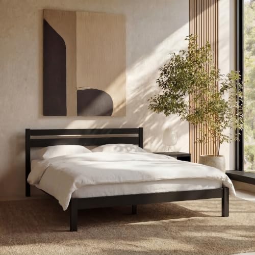 Image of LIFEMENT Queen Bed Frame with Headboard Classic Wood Platform, Noise Free, Under Bed Storage, No Box Spring Needed, Easy Assembly, Black
