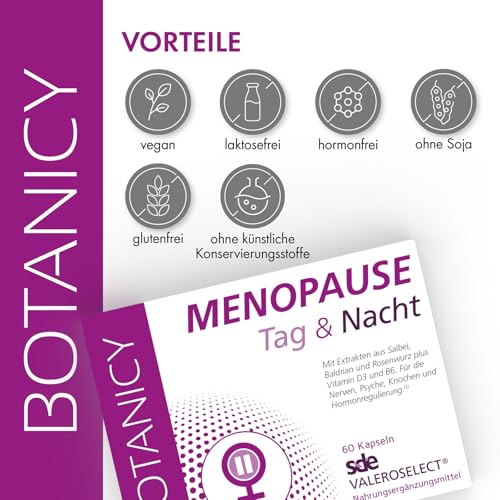 BOTANICY Menopause Tag & Nacht - Gegen Wechseljahre Symptome - Komplexe für Morgen & Abend, mit Salbei & Baldrian - Pflanzenextrakte & Vitamine - Natürlich, Hormonfrei, Vegan - 180 Menopause Kapseln