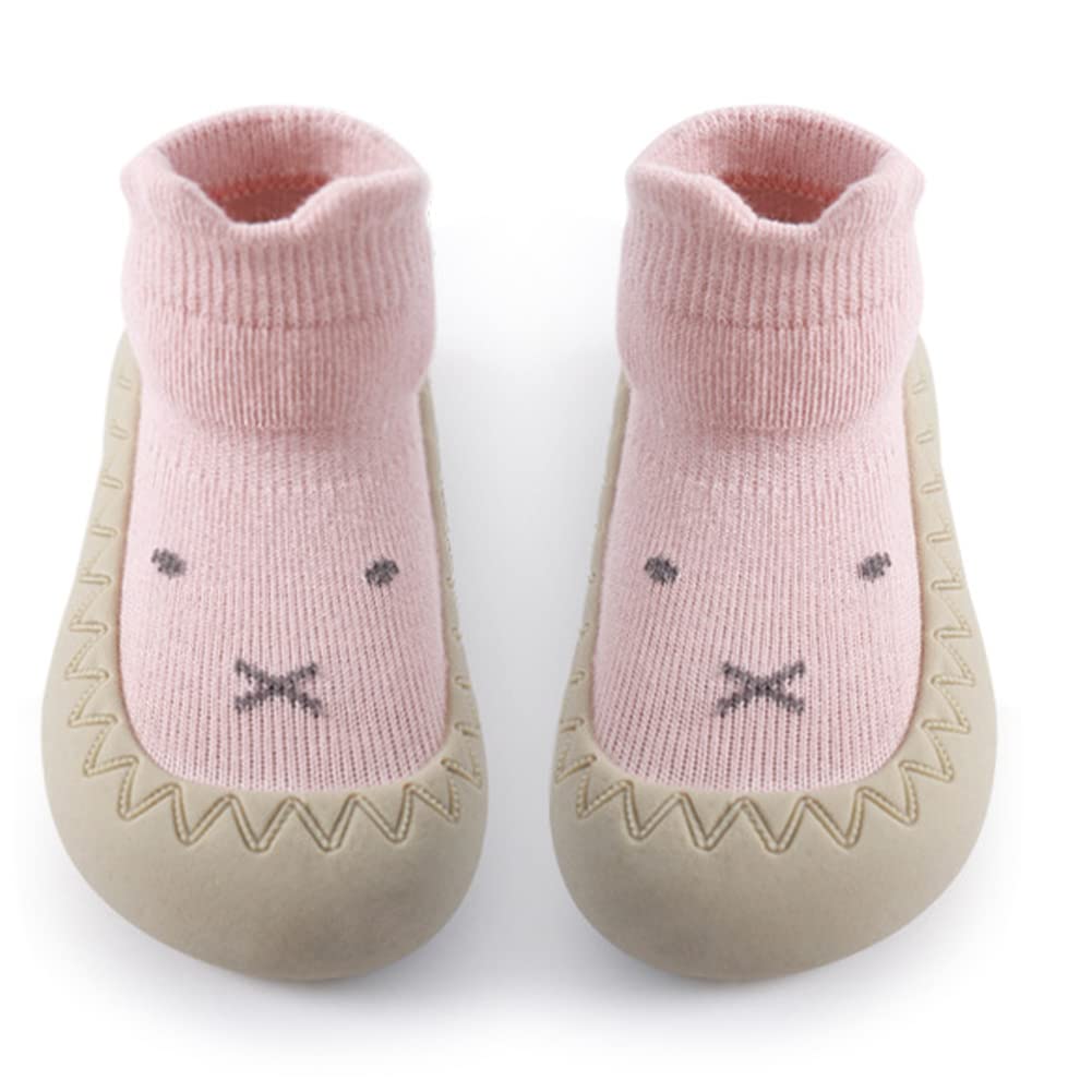 Exegawe Baby Sock Shoes Toddler Cartoon Soft Rubber Sole Non Slip Floor Slipper for Girls First Walking (Pink Rabbit, Tag22/12-18 M)