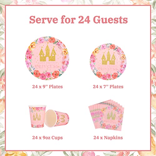 96Pcs Princess Birthday Party Plates Cups Napkins Sets Serve 24 Guests, Pink Rose Castle Paper Disposable Tableware Kit Supplies For Baby Shower, Barbie Theme Birthday Party For Kids Girls Toddler #TOP2