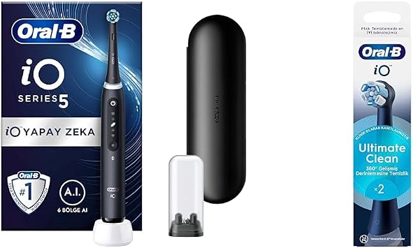 Oral-B iO - 5 Black Rechargeable/Electric Toothbrushes with Artificial Intelligence Technology + Oral-B iO Ultimate Clean Black Toothbrush Replacement Head 2 Pieces
