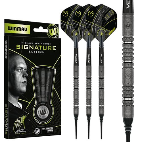 WINMAU – Michael Van Gerwen MvG Signature Edition - 18g Fass/ 20g Vollgewicht - 90% Wolfram - Professionelles Weiche Spitze Dartset mit Dart Flüge und Schäften