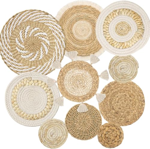 Weldomcor Boho Gewebtes Wandkorb-Set von 10 Rattan Wandkörbe Rustikale Handgewebte Wandkunst Makramee Wanddekoration für Schlafzimmer Kinderzimmer Wohnzimmer Bauernhaus