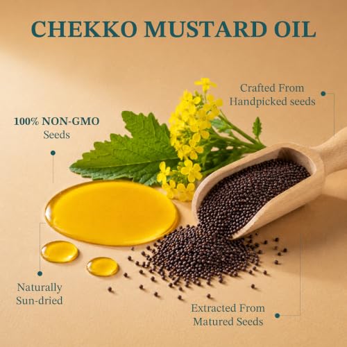 Image of Chekko Cold Pressed Mustard Oil 1 litre | Kachi Ghani Yellow Mustard Oil | Wood Pressed Edible Cooking Oil for Frying, Pickles, Sauteing & Traditional Indian Cooking | Natural Unrefined Mustard Oil Bulk Pack