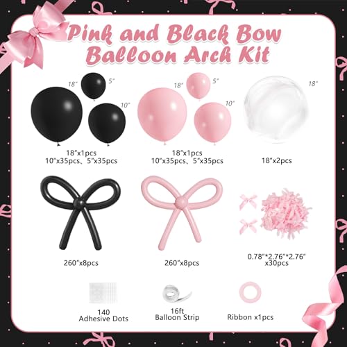 Image of Pink and Black Balloons Arch Kit, 199Pcs Pink and Black Bow Birthday Decorations with 260 Bubble Balloons Ribbon for Coquette Bow Theme Birthday Bridal Shower Bachelorette Baby Shower Wedding