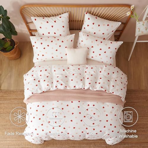 Image of Heart Duvet Cover Queen Size Red Pink Hearts Bedding Set 3Pcs Kids Cute Heart-Shaped Soft Microfiber Duvet Cover Set for Girls with 2 Pillowcases