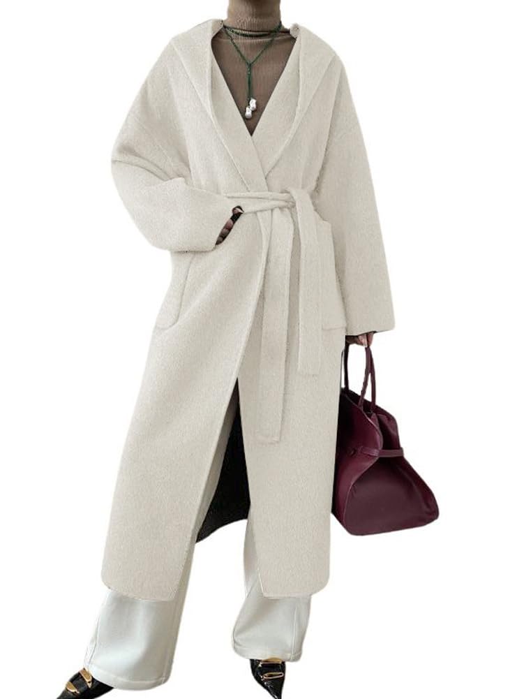 chouyatou Womens Winter Open Front Belted Wool Coat Casual Loose Hooded Midi Long Winter Pea Coat