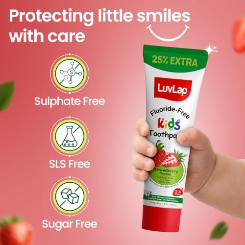 Image of LuvLap Baby Toothpaste for Kids 80gm + 25% Extra, Strawberry Flavour with Free Toothbrush, SLS & Fluoride Free Baby Toothpaste, Prevents Bacteria & Cavities, Ensures Healthy Teeth & Gums, 12M+
