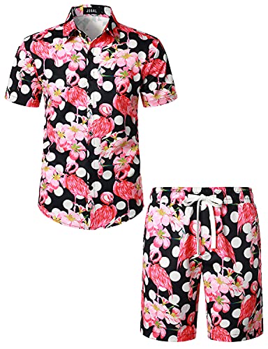 JOGAL Mens Flamingo Print Hawaiian Shirts and Shorts Suits Short Sleeve Casual Button Down 2 Piece Vacation Outfits Sets Black Pink Small